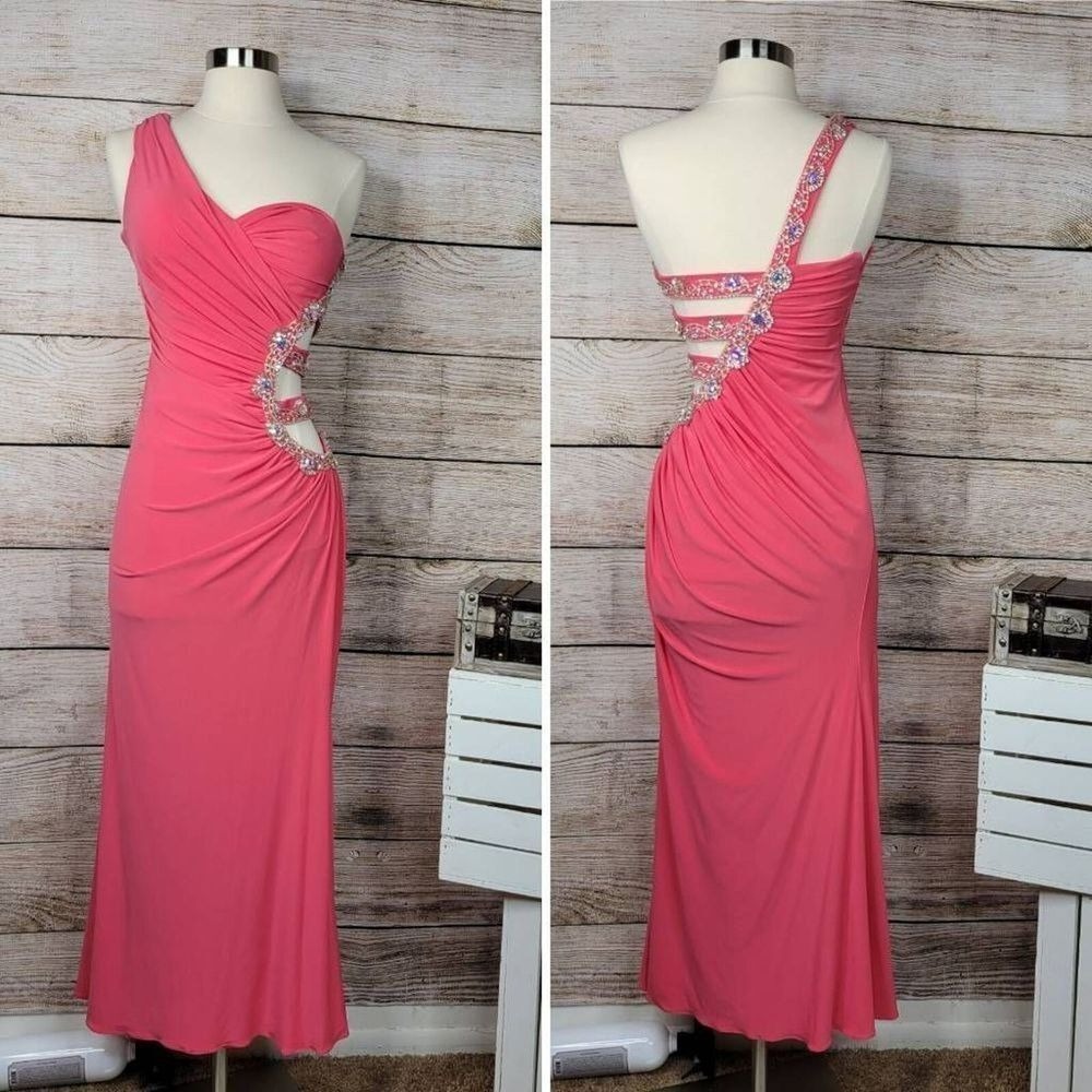 Jasz Couture Women's One Shoulder Embellished Side Cutout Prom Dress Pink Size 2